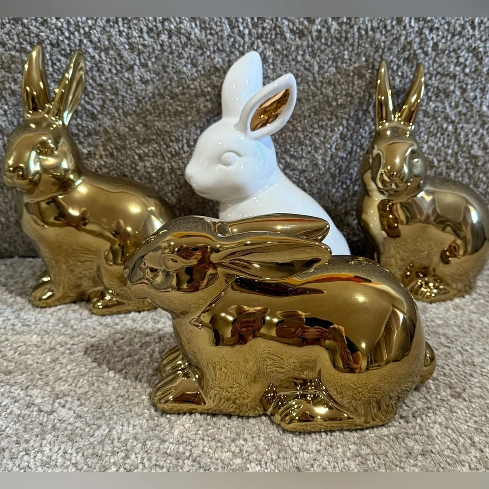 Easter Bunny Figurines Gold and White and Decorations Set